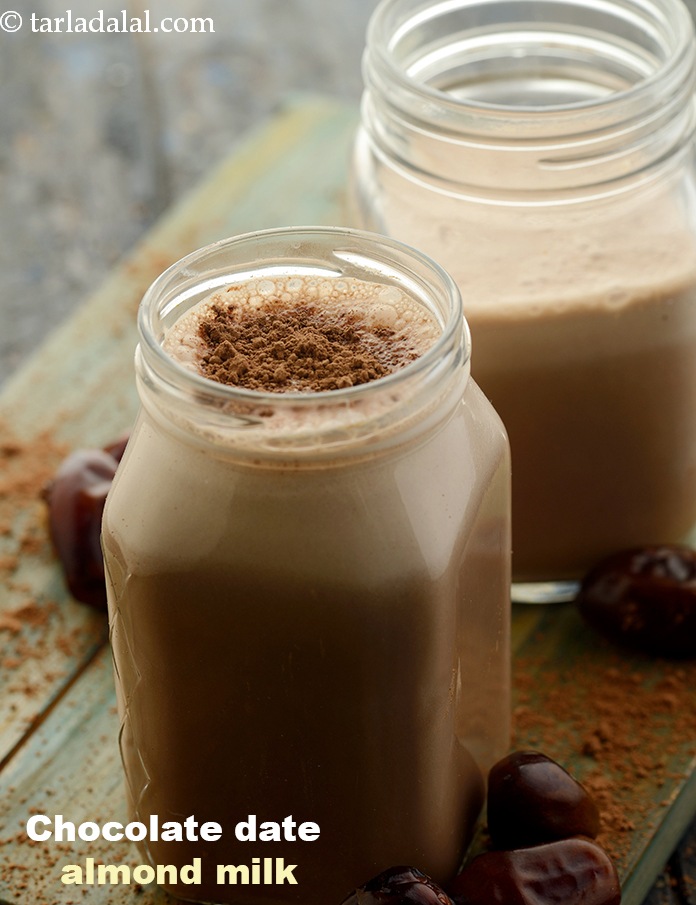 चॉकलेट डेट आलमंड मिल्क रेसिपी | भारतीय स्वस्थ चॉकलेट खजूर बादाम दूध | वेगन चॉकलेट बादाम का दूध