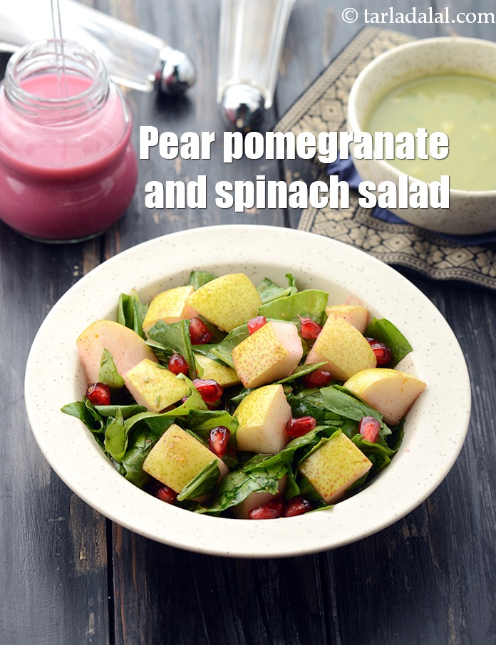 Pear Pomegranate and Spinach Salad, Indian Pomegranate and Pear Green Salad recipe In Gujarati